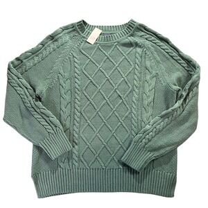 NWT GAP Women Green Cable Knit Sweater Crew Neck Long‎ Sleeve Size Medium